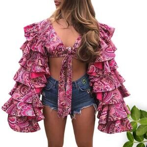 Pink V-Neck Collar Blouse with‎ Butterfly Ruffle Sleeves